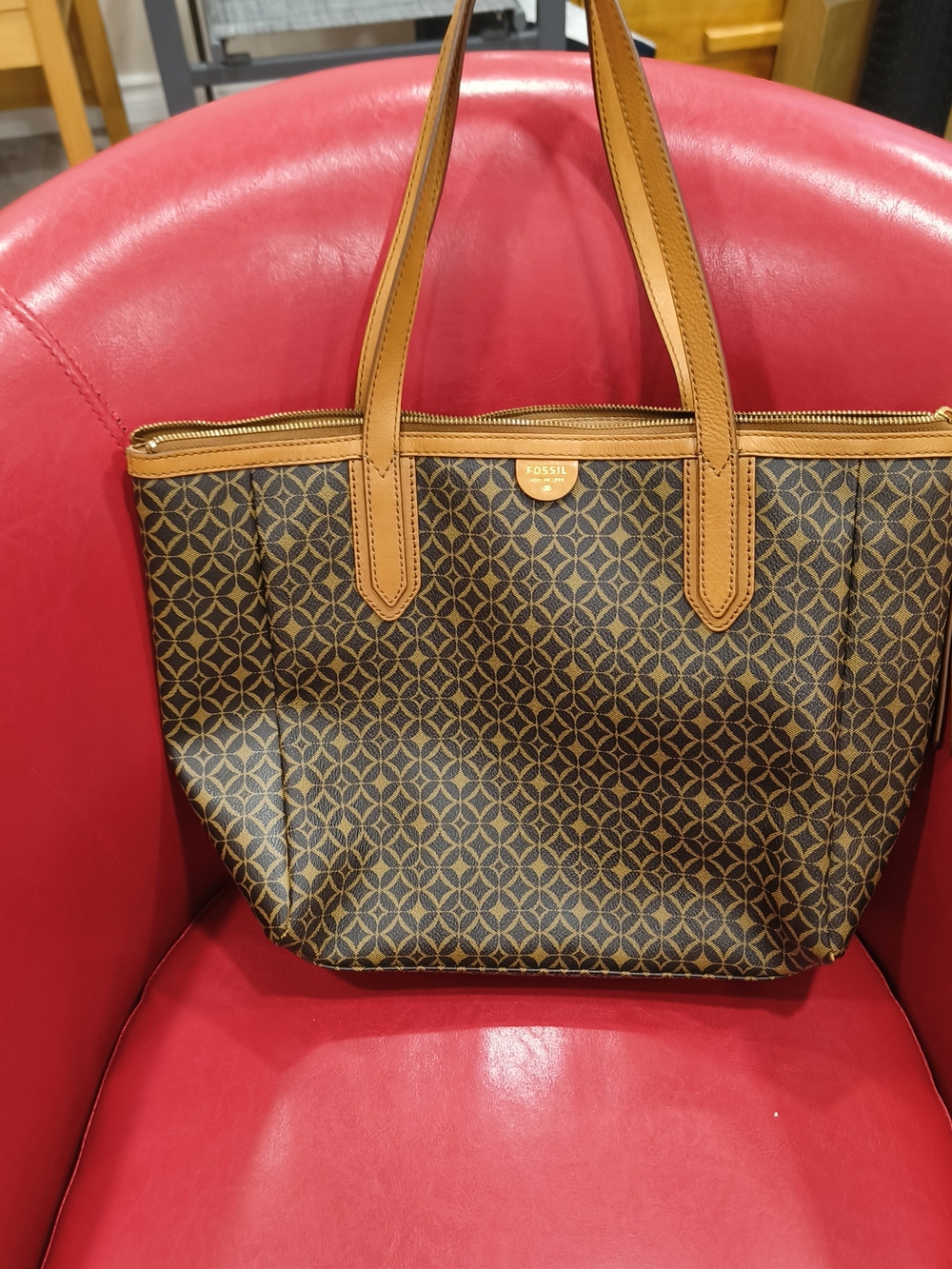 Fossil Brown Patterned Tote with Tan Leather Handles